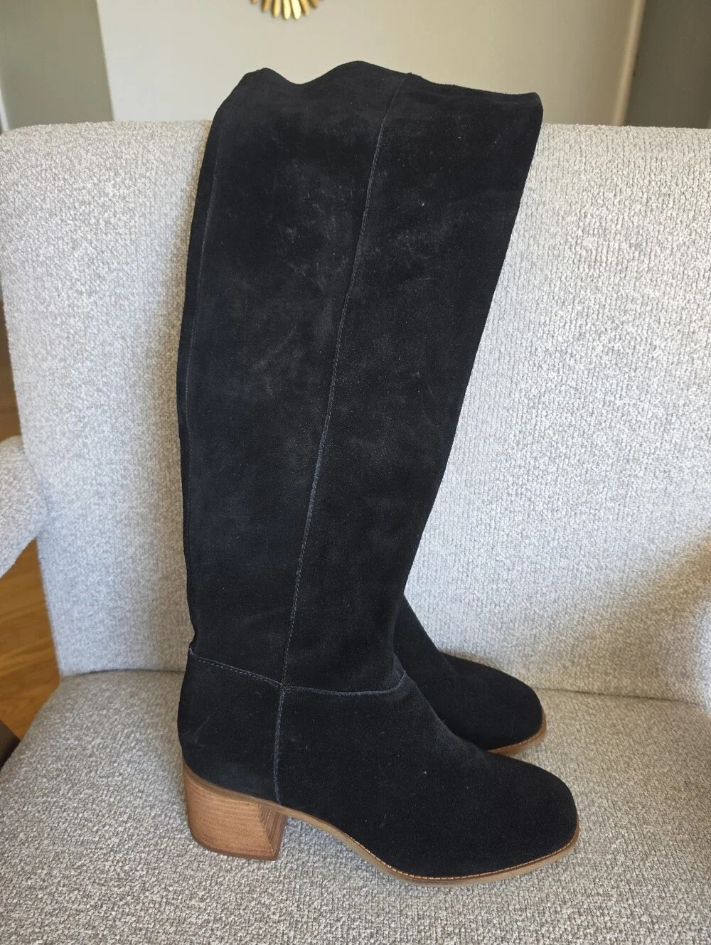 Kelsi Dagger Suede Thigh High Boots Block Heel Black Sz 9.5